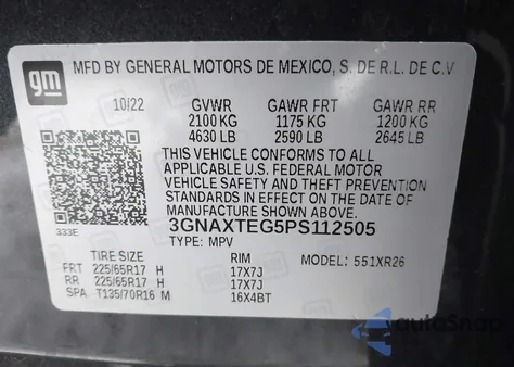 2023 Chevrolet Equinox Awd 2Fl из США, поврежденный, VIN 3GNAXTEG5PS112505